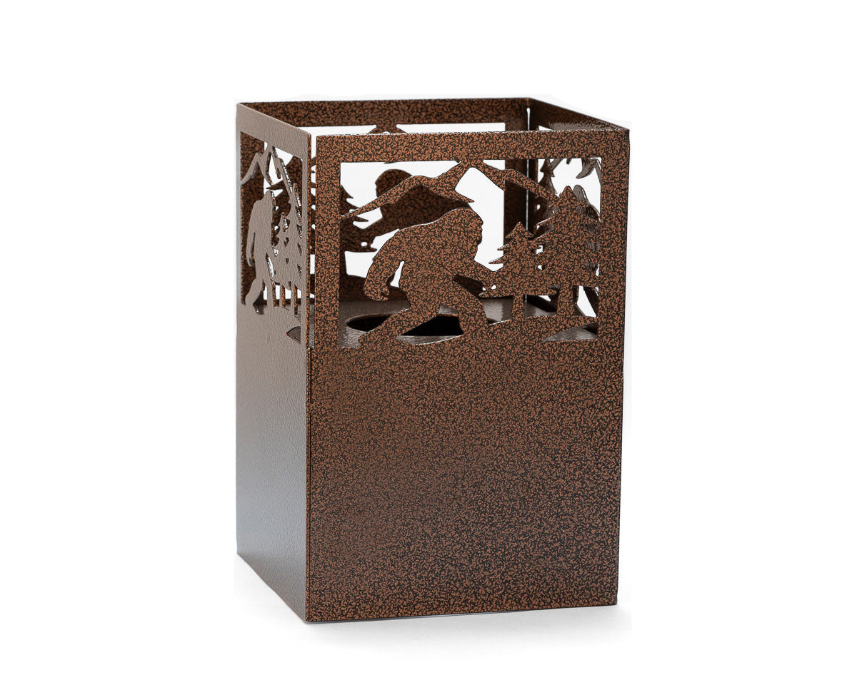 Metal tiki torch with Sasquatch and forest design, rustic steel outdoor lantern for patio or garden decor