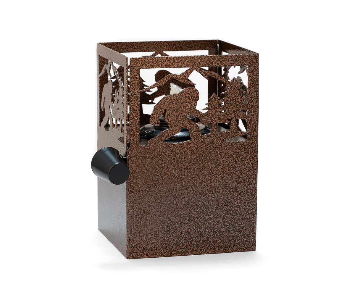 Metal tiki torch with Sasquatch and forest design, rustic steel outdoor lantern for patio or garden decor