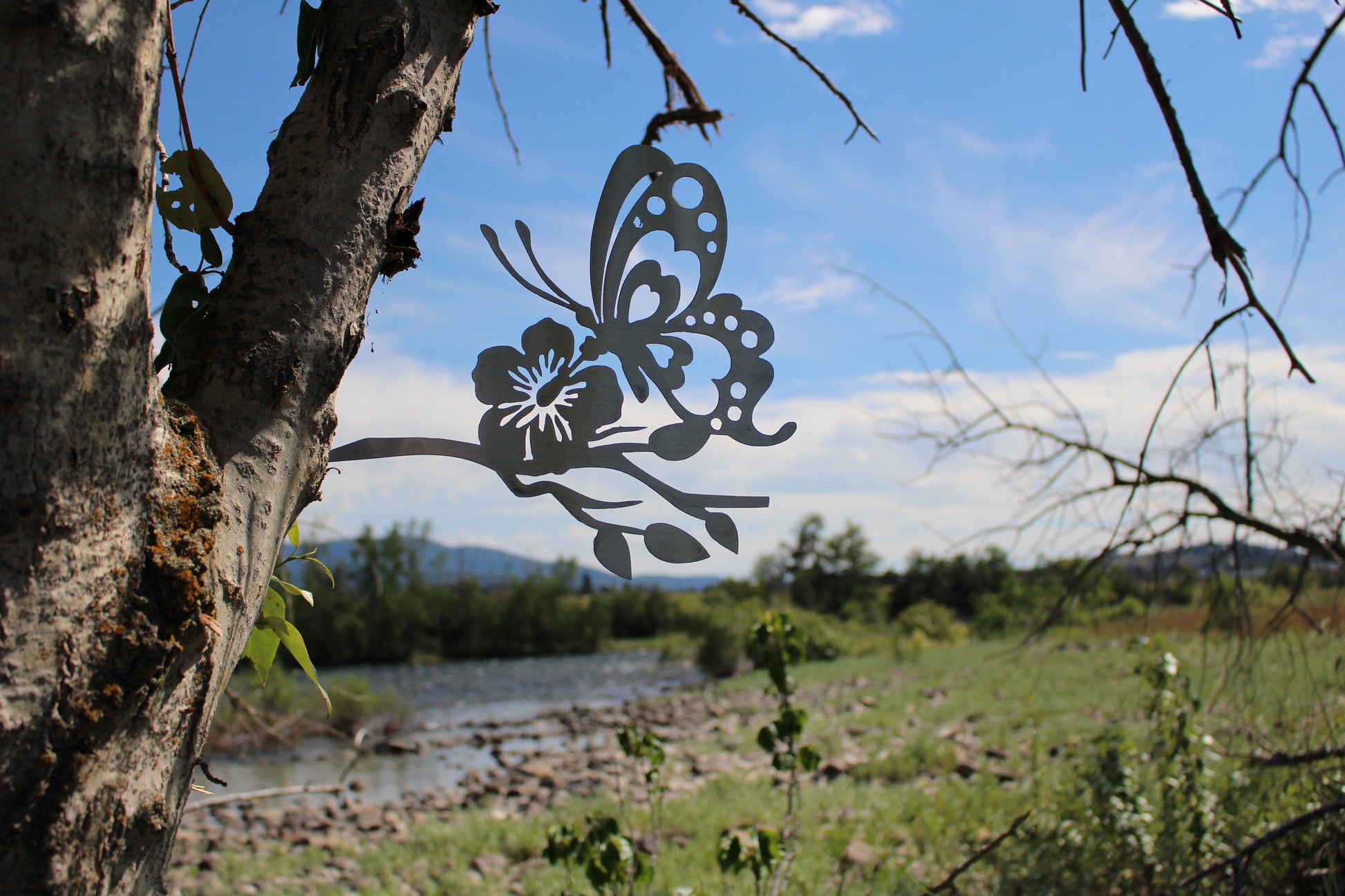 metal butterfly garden stake with flower design for outdoor yard or tree decoration