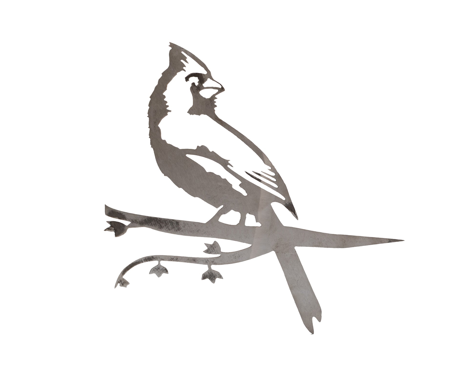 Metal cardinal bird tree stake with branch design, rustic steel garden decoration for outdoor yard or lawn