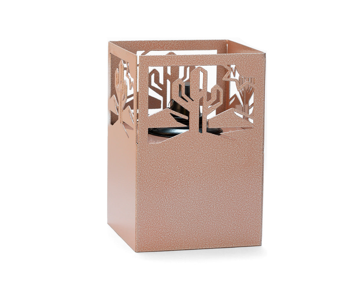 Metal tiki torch with cactus design, rustic steel outdoor lantern for patio, desert garden, or backyard decor