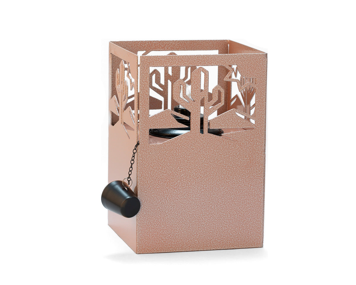 Metal tiki torch with cactus design, rustic steel outdoor lantern for patio, desert garden, or backyard decor