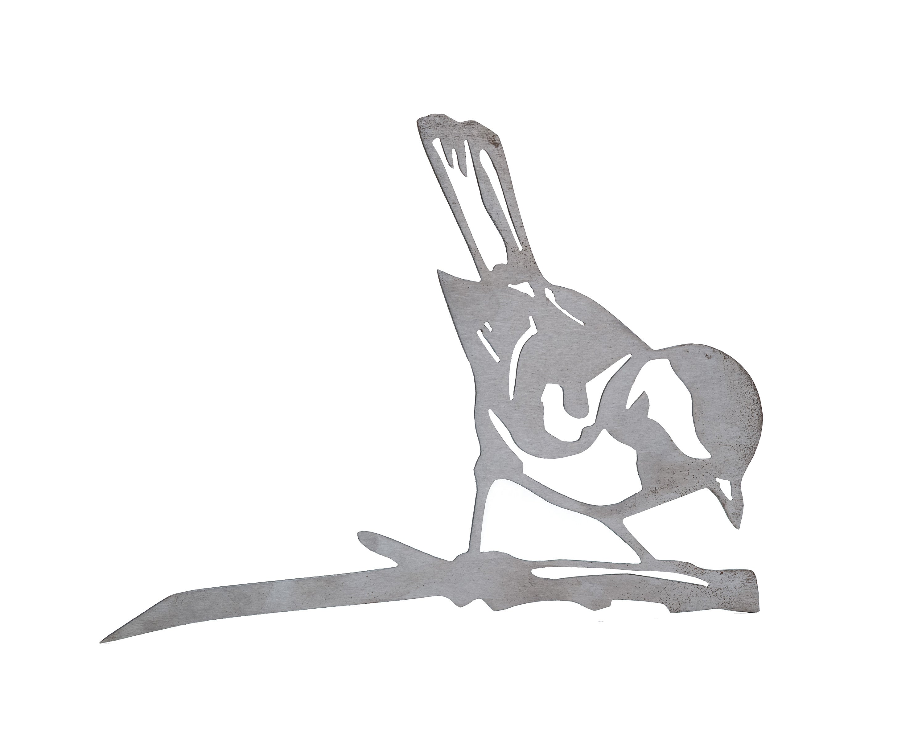 Metal finch bird tree stake perched on branch, rustic steel garden decoration for outdoor yard or flower bed