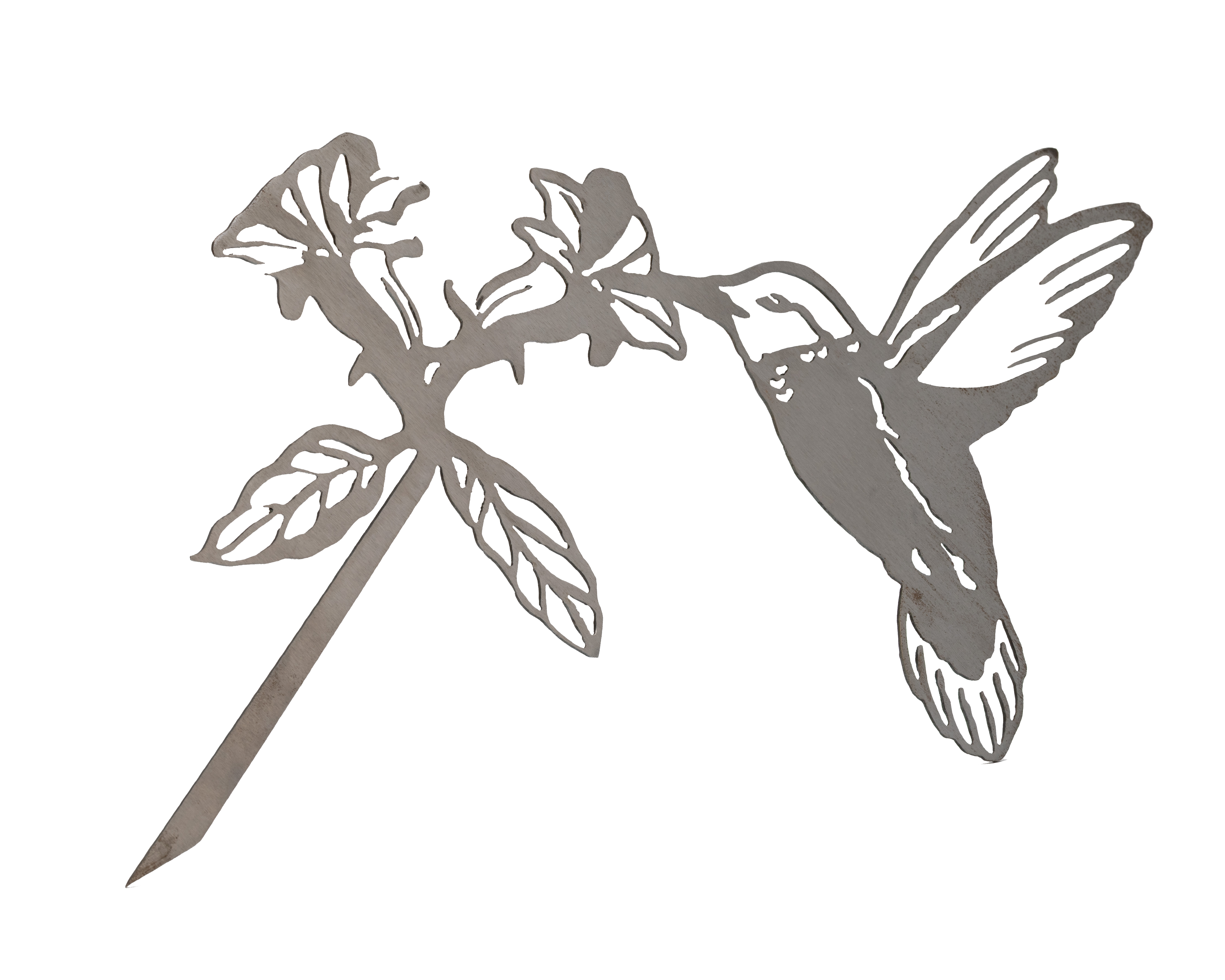 Metal hummingbird tree stake sipping from flower, rustic steel garden decoration for outdoor yard or planter