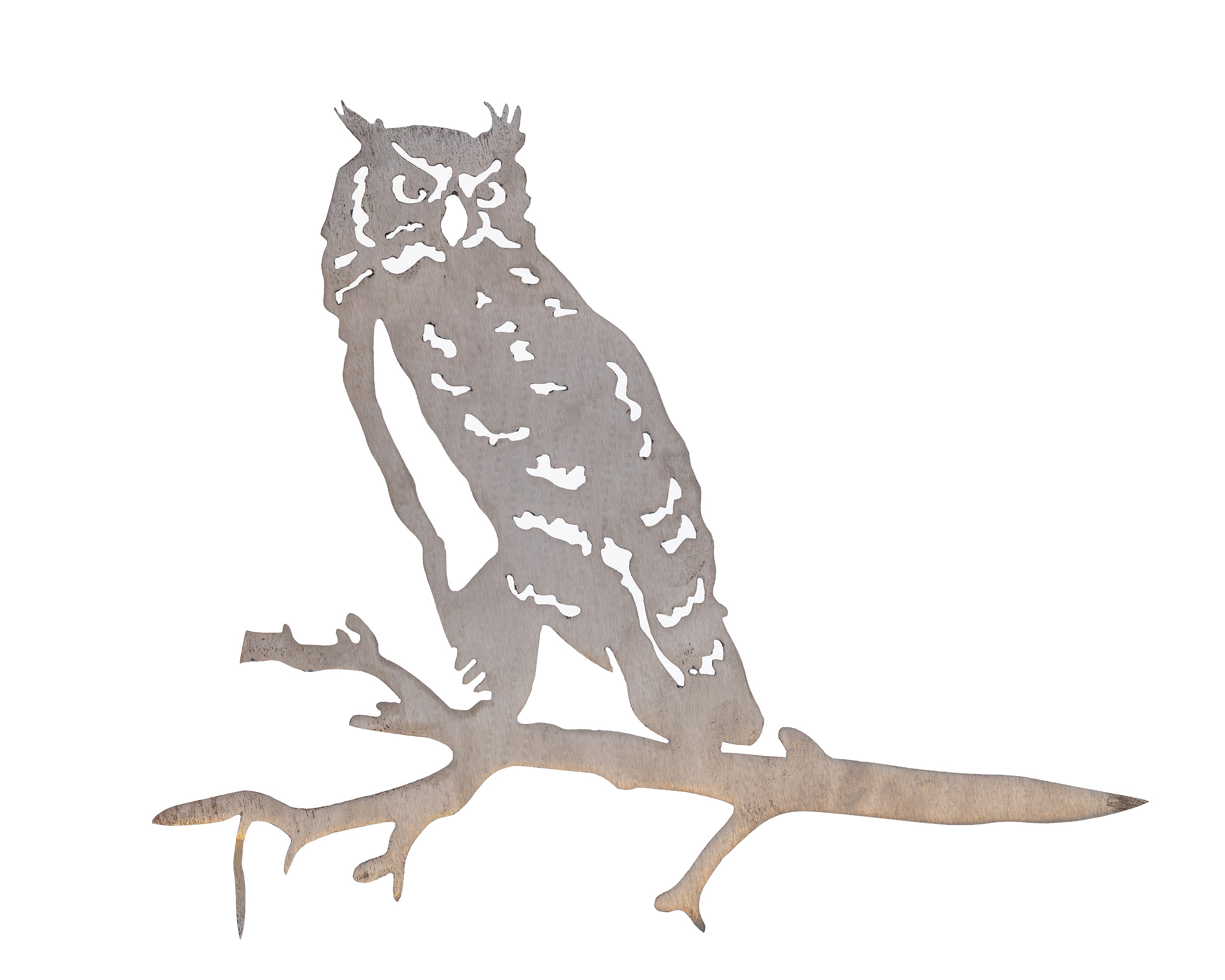 Metal owl tree stake perched on branch, rustic steel garden decoration for outdoor yard or lawn