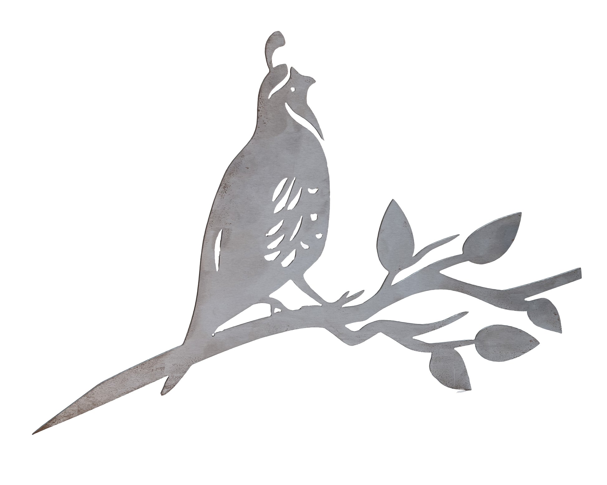 Metal quail tree stake on branch, rustic steel garden decoration for outdoor yard or flower bed