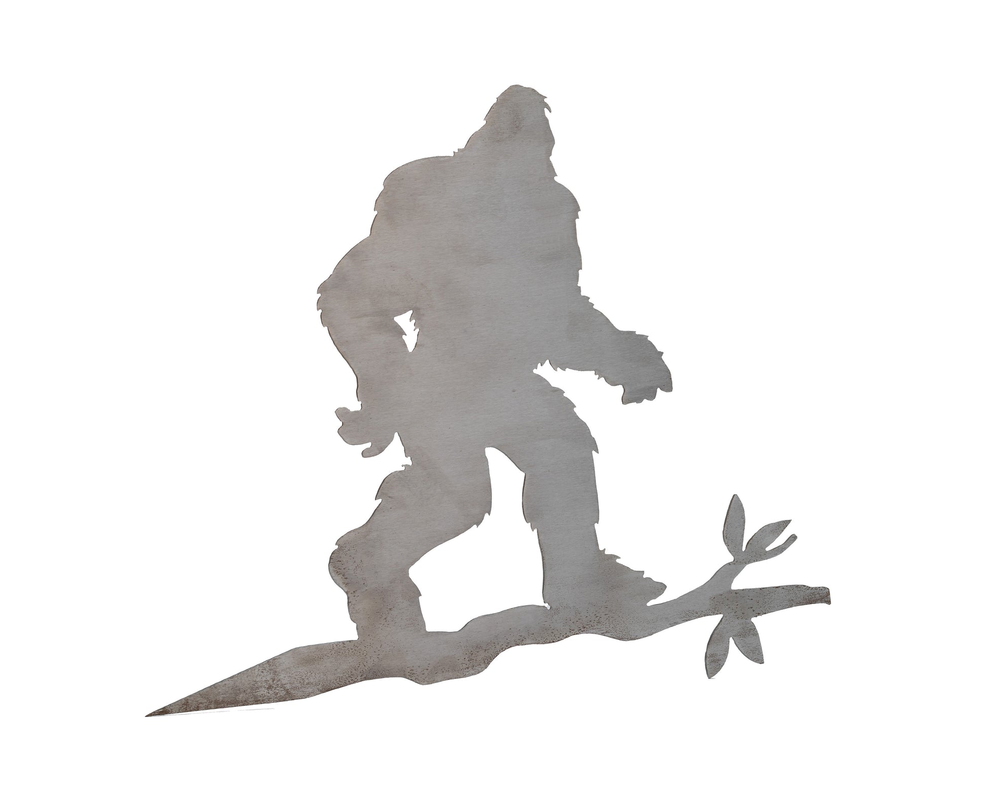 Metal sasquatch tree stake on branch, rustic steel Bigfoot garden decoration for outdoor yard or lawn