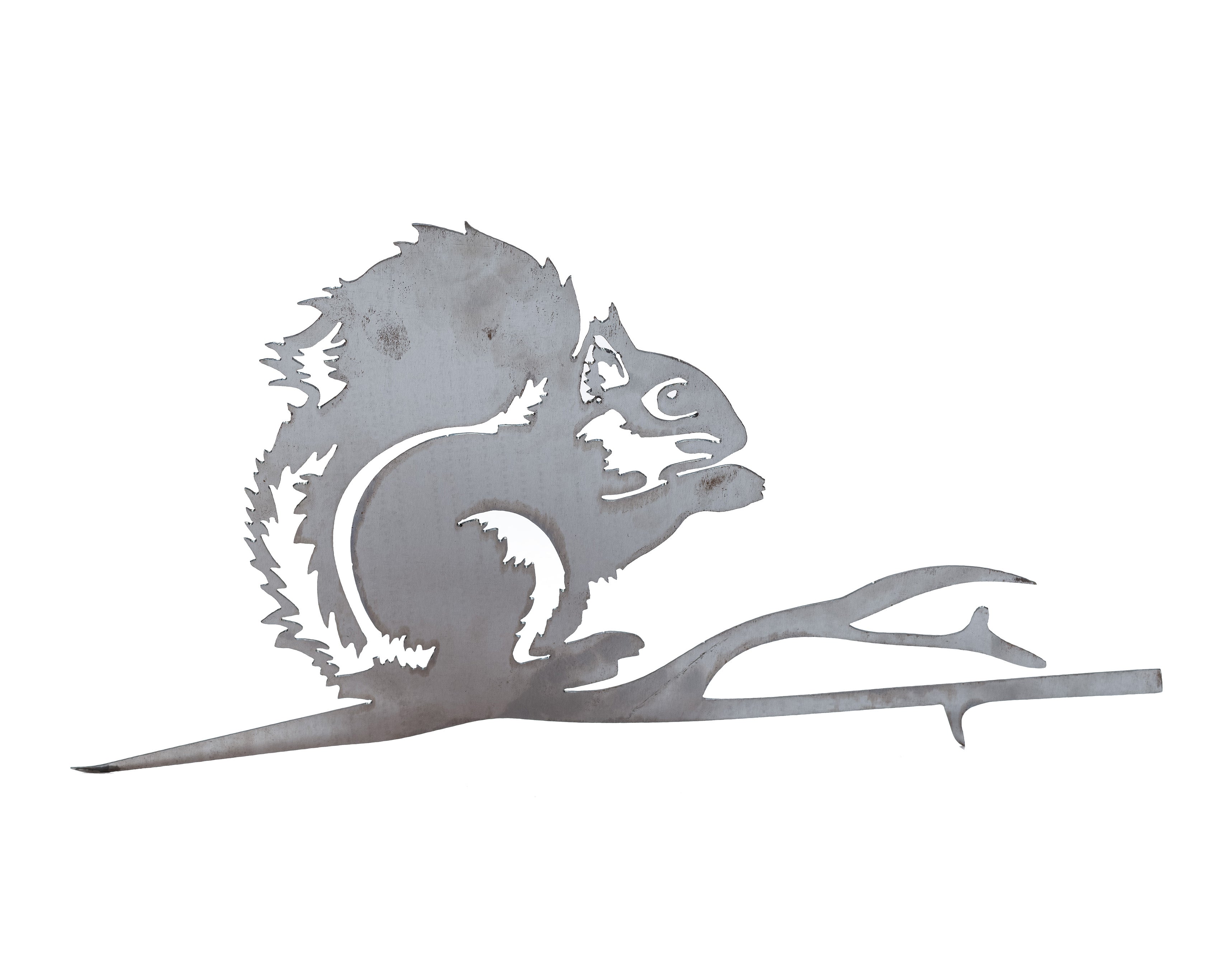 Metal squirrel tree stake on branch, rustic steel garden decoration for outdoor yard or flower bed