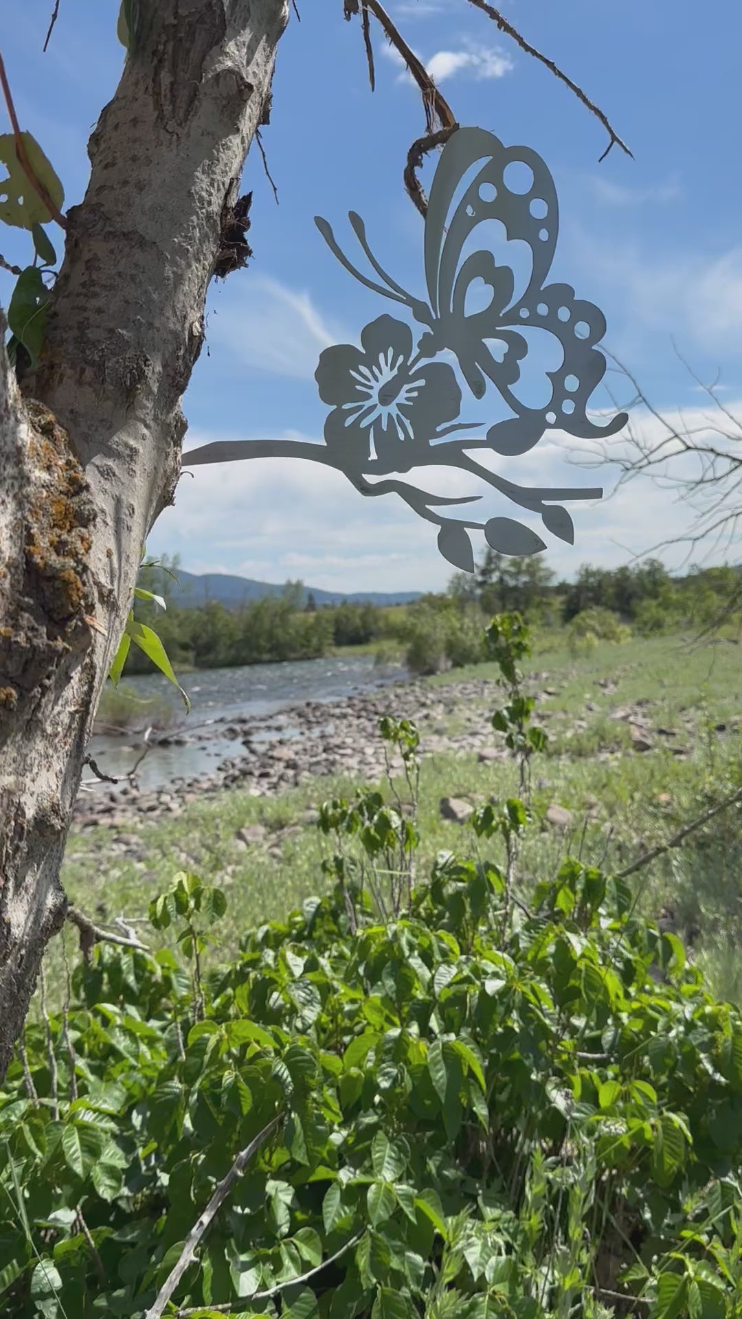 Load video: metal butterfly garden stake with flower design for outdoor yard or tree decoration