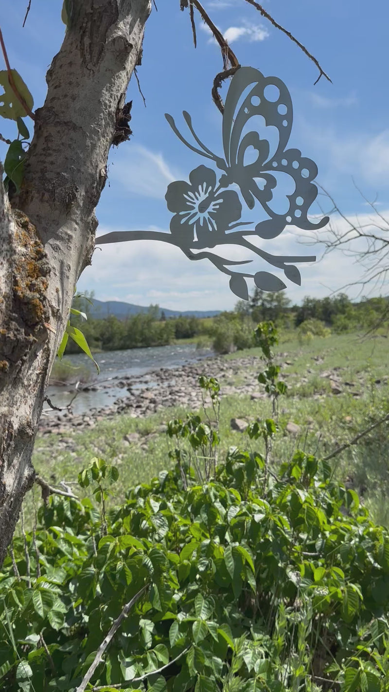 metal butterfly garden stake with flower design for outdoor yard or tree decoration