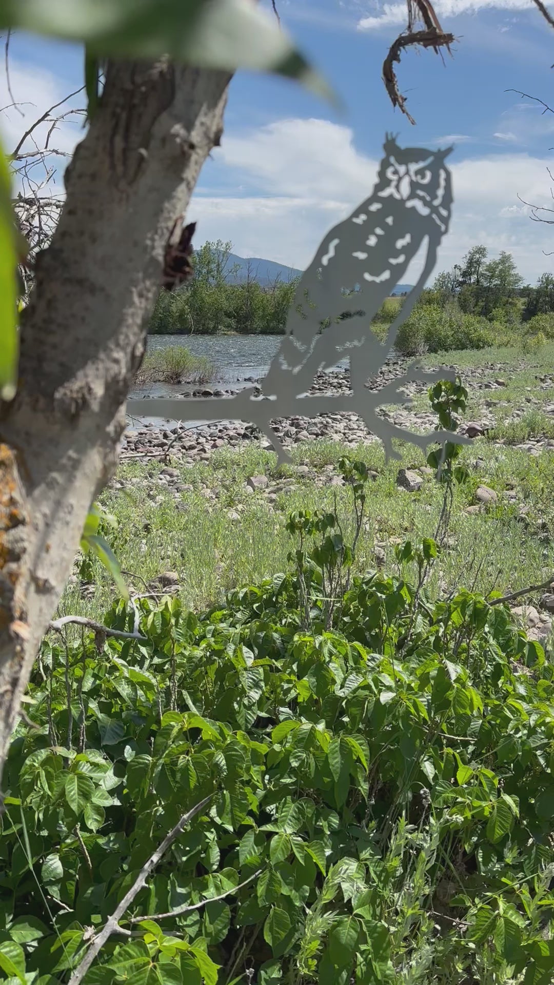 Load video: Metal owl tree stake perched on branch, rustic steel garden decoration for outdoor yard or lawn